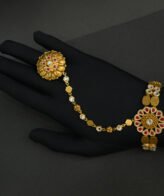 Gold Plated Hathphool with Red & White Stones | Silveradda