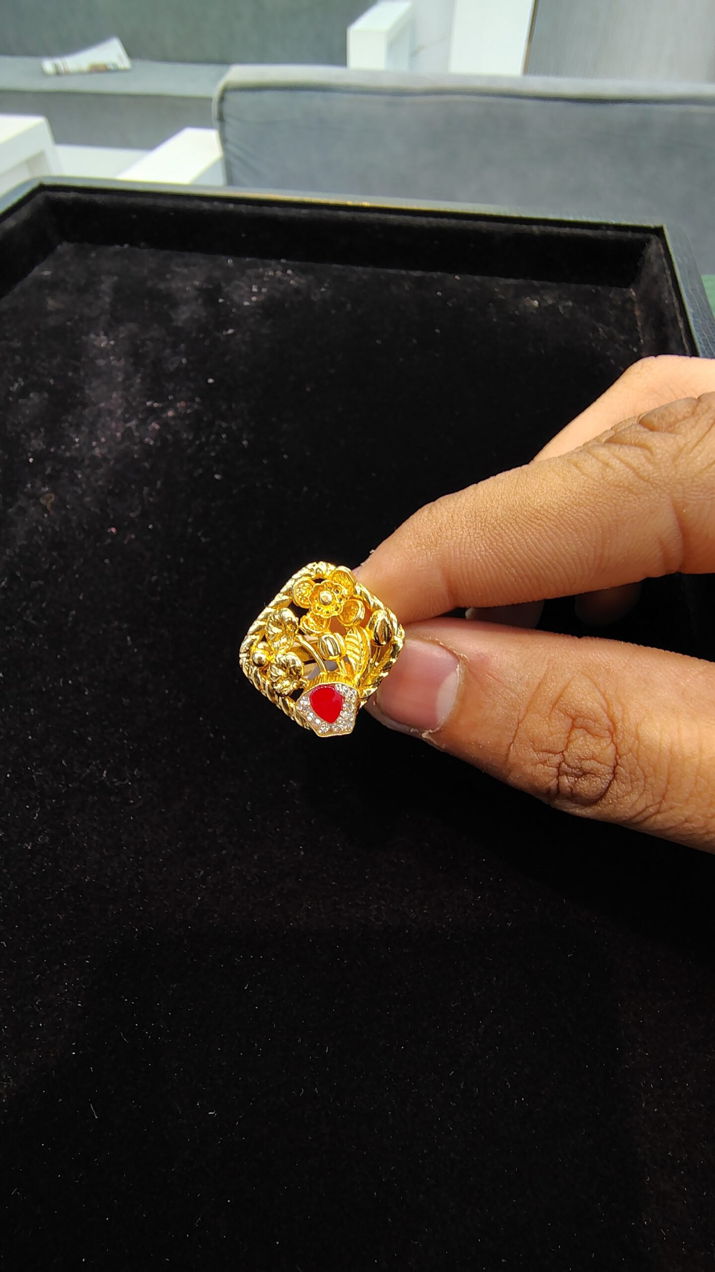 Gold-Plated Floral Silver Ring with Red Kundan and Gemstone | Silveradda