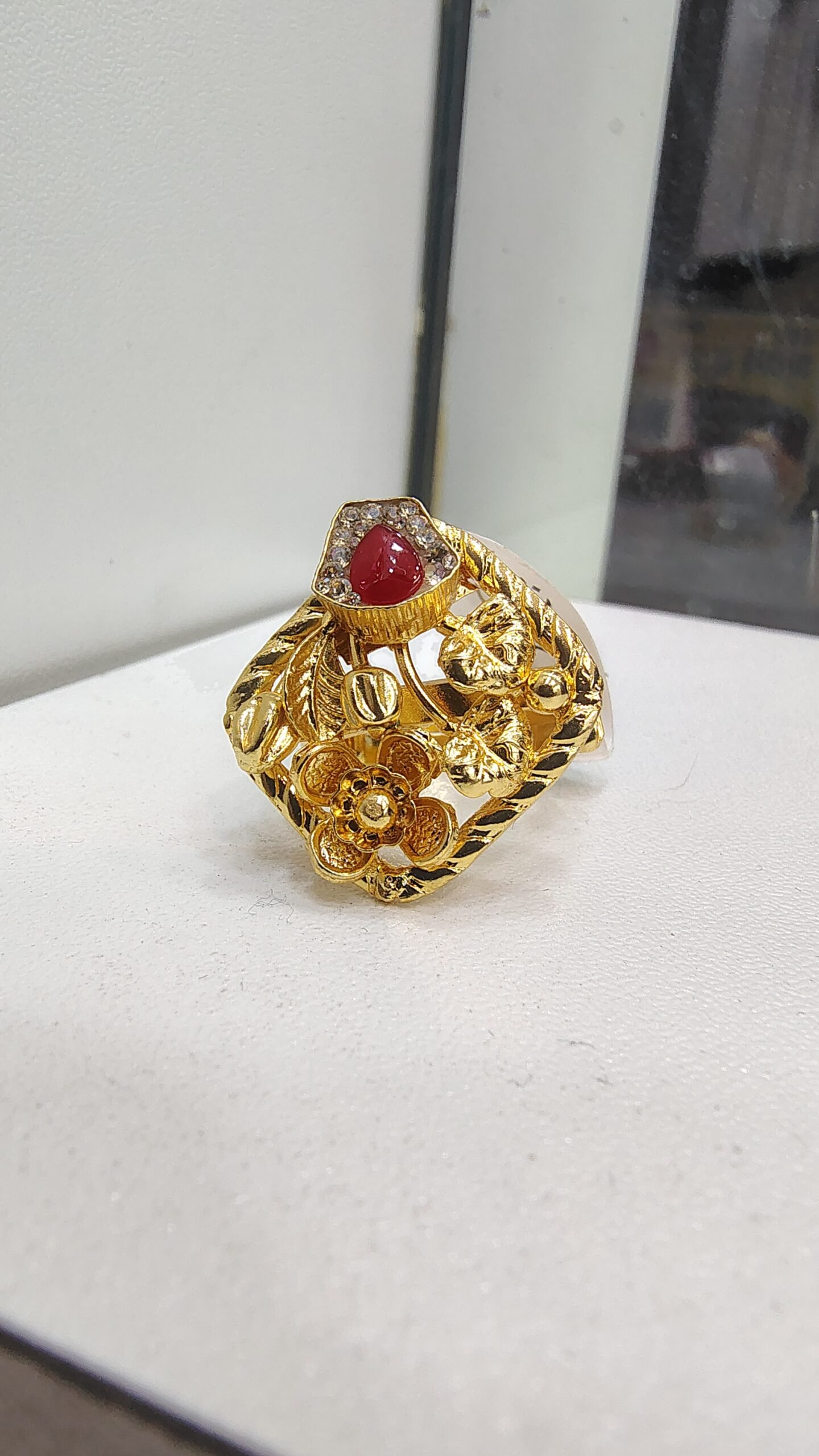Gold-Plated Floral Silver Ring with Red Kundan and Gemstone | Silveradda