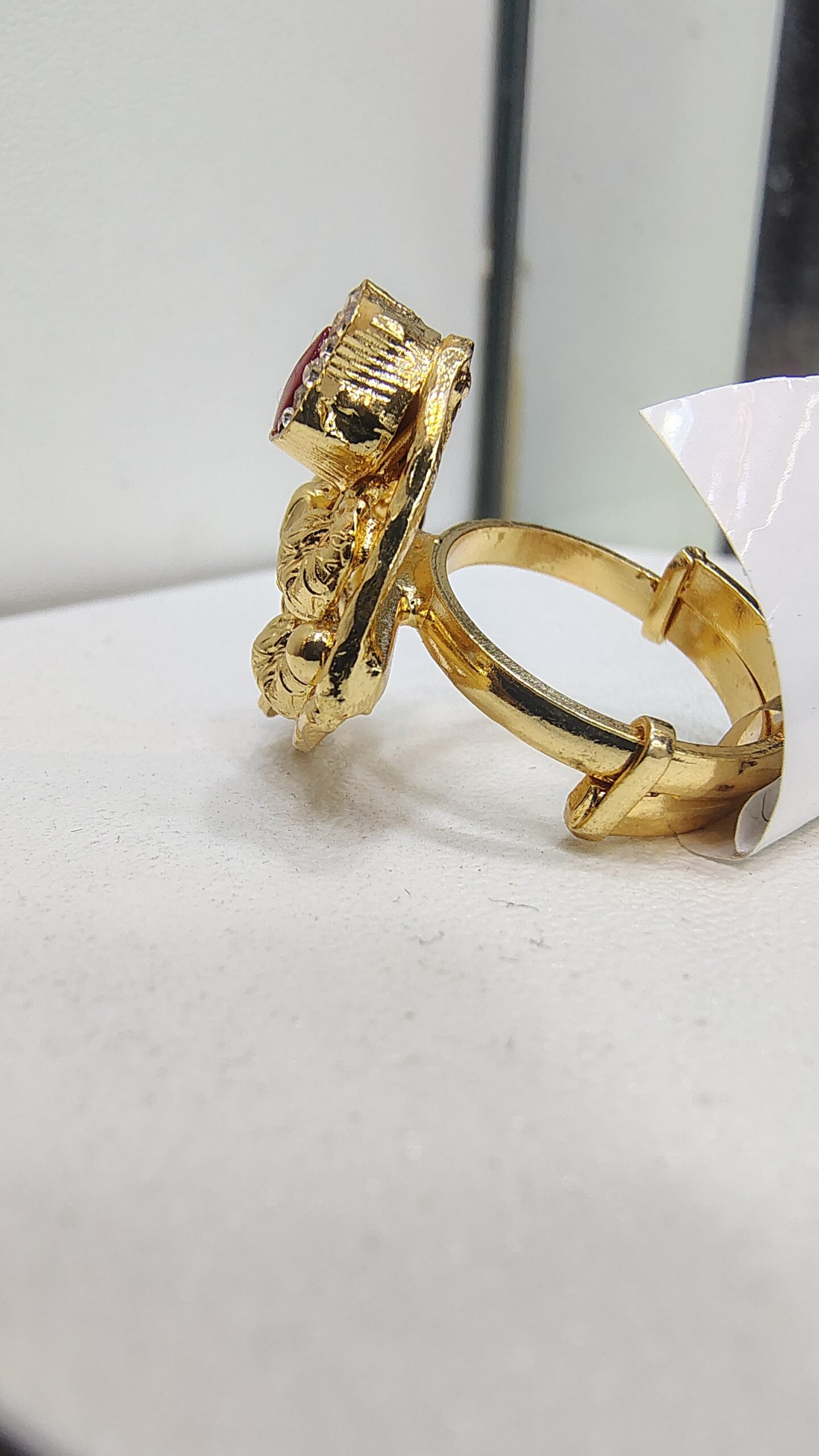 Gold-Plated Floral Silver Ring with Red Kundan and Gemstone | Silveradda