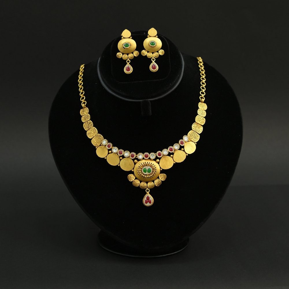 Antique Coin Design Necklace Set with Green & Red Stone Pendant | Silveradda