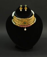 Antique Gold Plated Choker Necklace Set – Multi Layered Red & Green Stones Silveradda