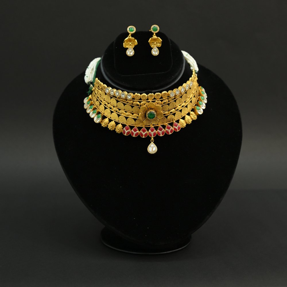 Antique Gold Plated Choker Necklace Set – Multi Layered Red & Green Stones Silveradda