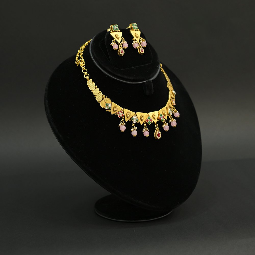 Gold Plated Triangle Pendant Necklace Set with Pink Beads | Silveradda