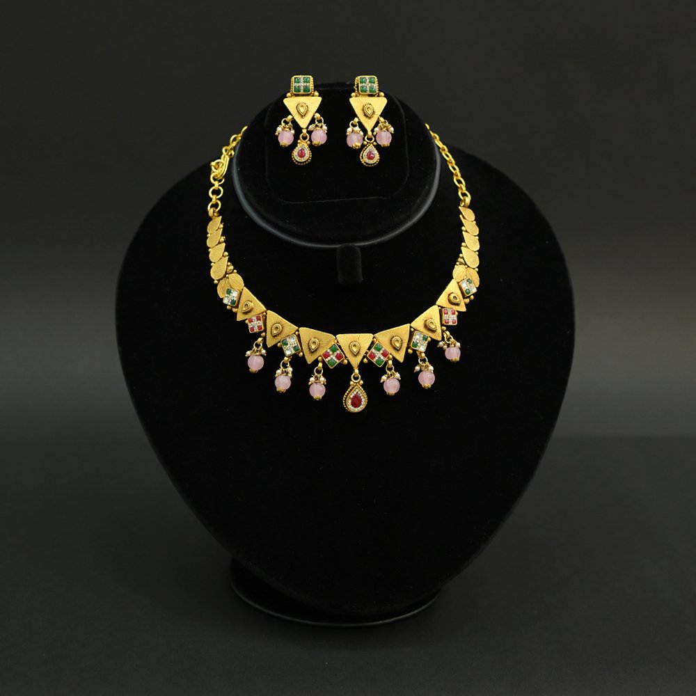 Gold Plated Triangle Pendant Necklace Set with Pink Beads | Silveradda