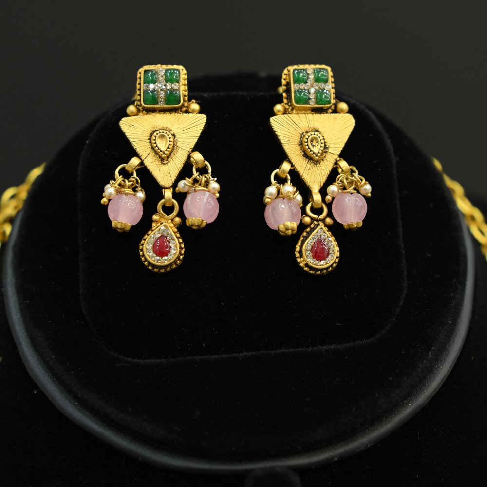 Gold Plated Triangle Pendant Necklace Set with Pink Beads | Silveradda
