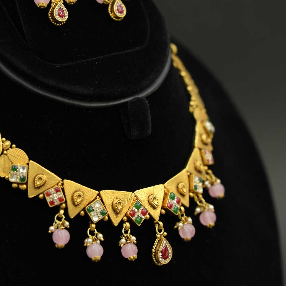 Gold Plated Triangle Pendant Necklace Set with Pink Beads | Silveradda