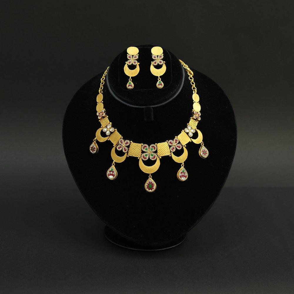 Antique Gold Plated Floral Temple Necklace with Ruby & Green Drops | Silveradda