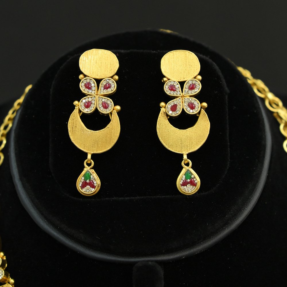 Antique Gold Plated Floral Temple Necklace with Ruby & Green Drops | Silveradda