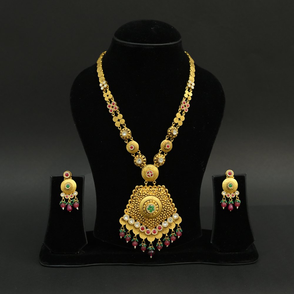 Antique Gold Plated Temple Long Necklace with Ruby & Emerald Beads | Silveradda