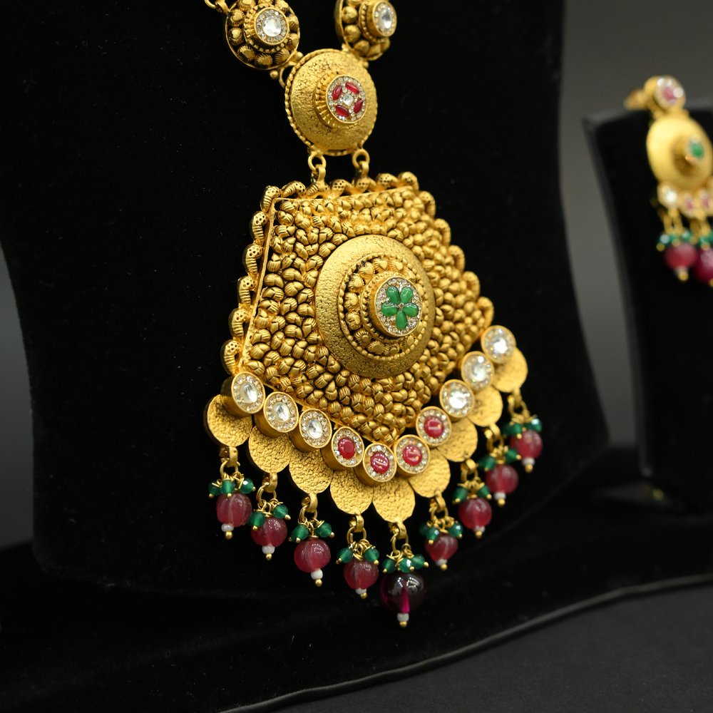 Antique Gold Plated Temple Long Necklace with Ruby & Emerald Beads | Silveradda