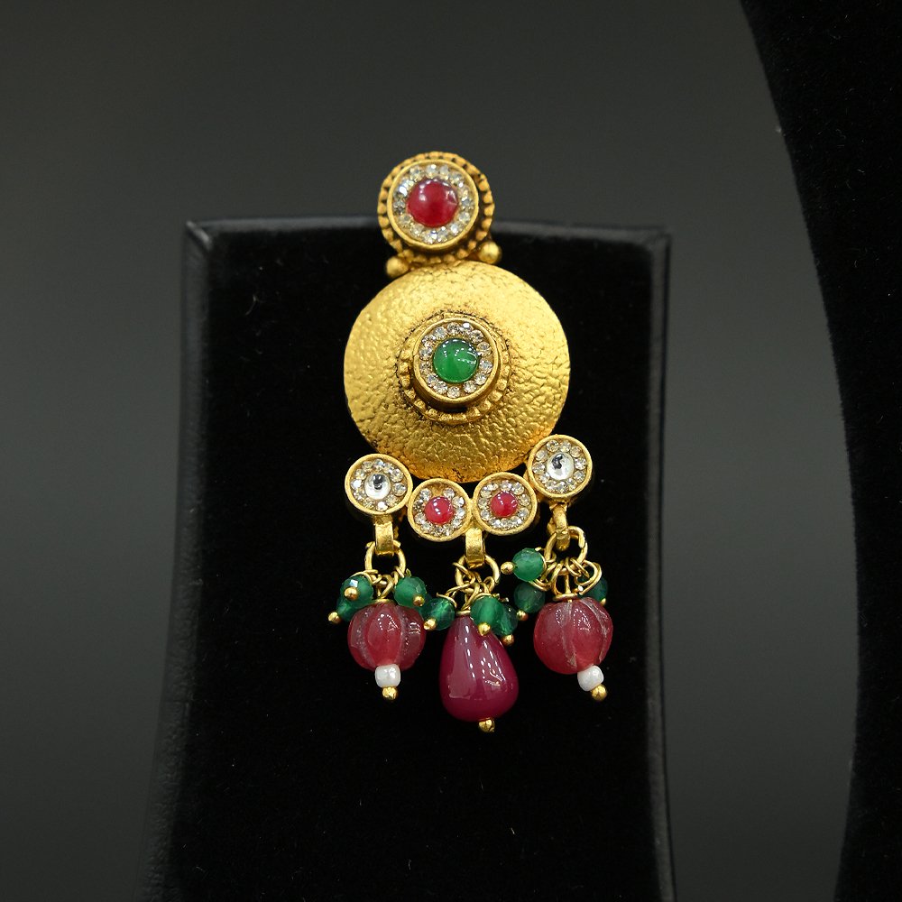 Antique Gold Plated Temple Long Necklace with Ruby & Emerald Beads | Silveradda