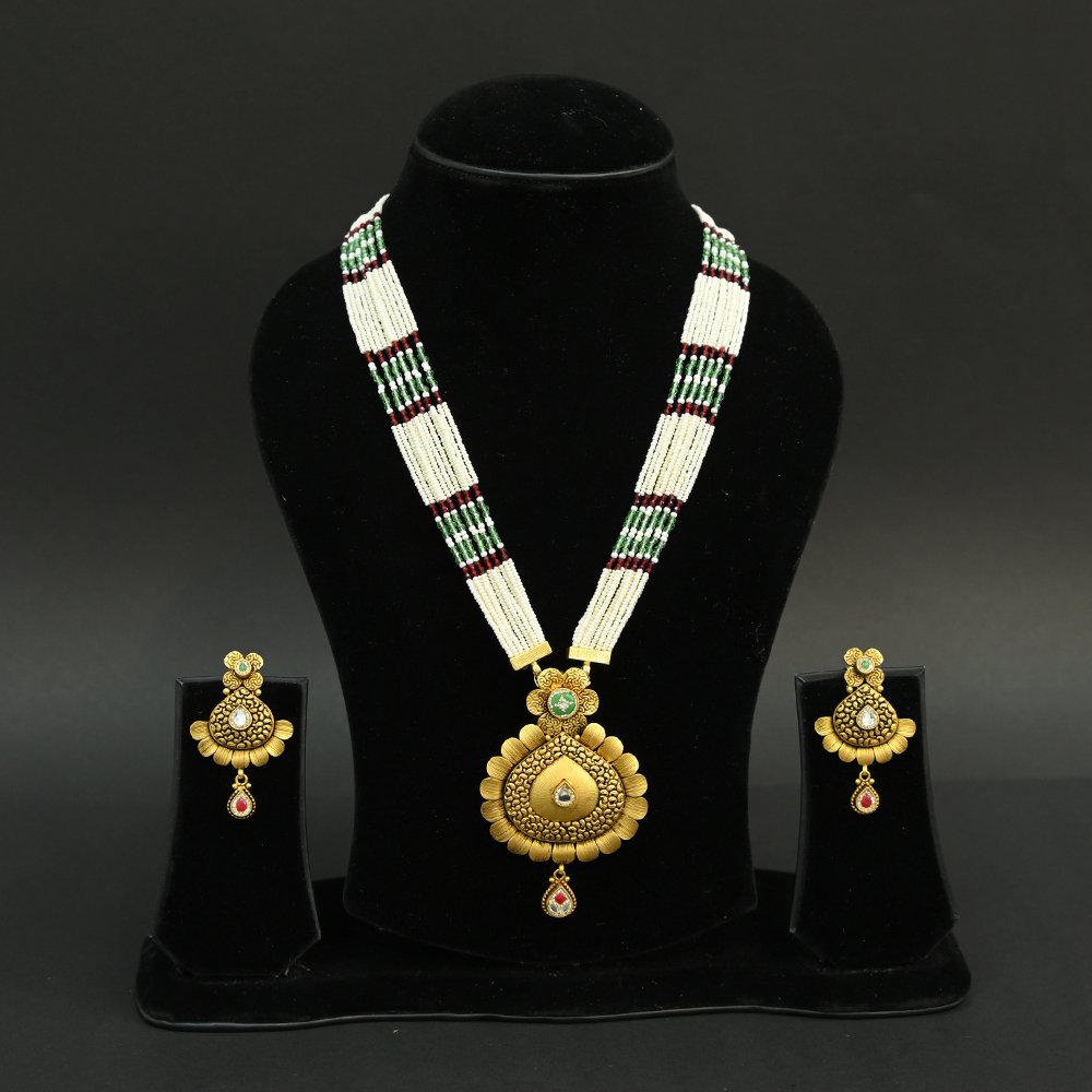 Multi-Strand Beaded Necklace Set – Antique Gold Plated Floral Pendant & Earrings Silveradda