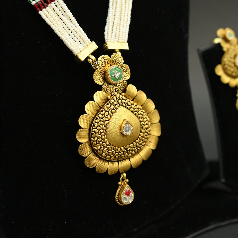 Multi-Strand Beaded Necklace Set – Antique Gold Plated Floral Pendant & Earrings Silveradda