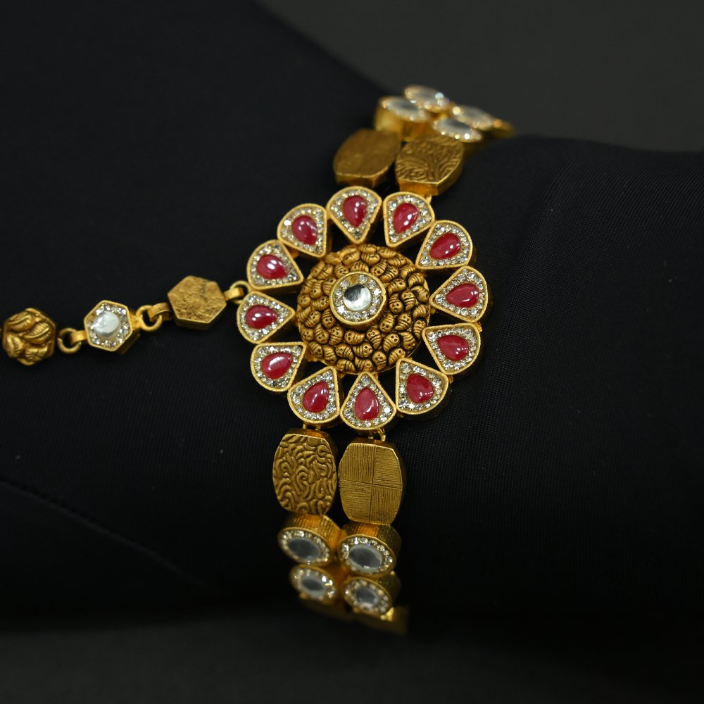 Gold Plated Hathphool with Red & White Stones | Silveradda