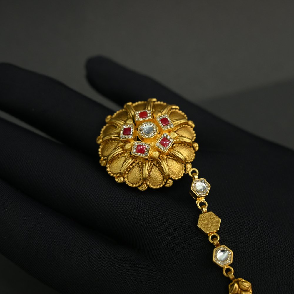 Gold Plated Hathphool with Red & White Stones | Silveradda