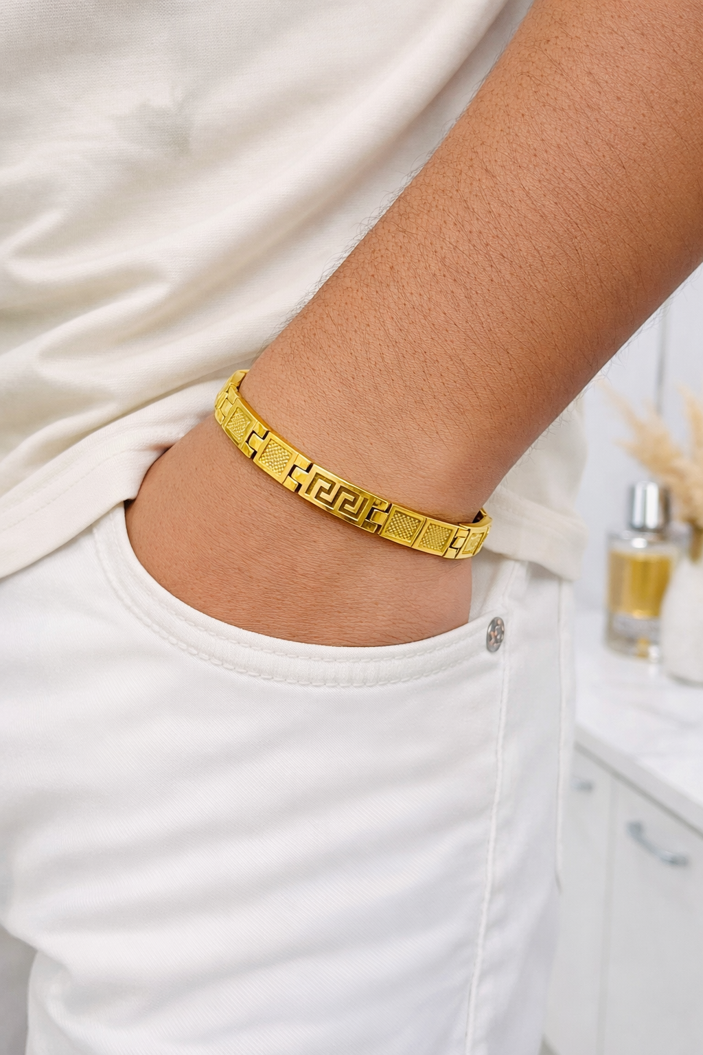 Premium Greek Design Silver Bracelet for Men | Gold Finish Link Bracelet by Silveradda