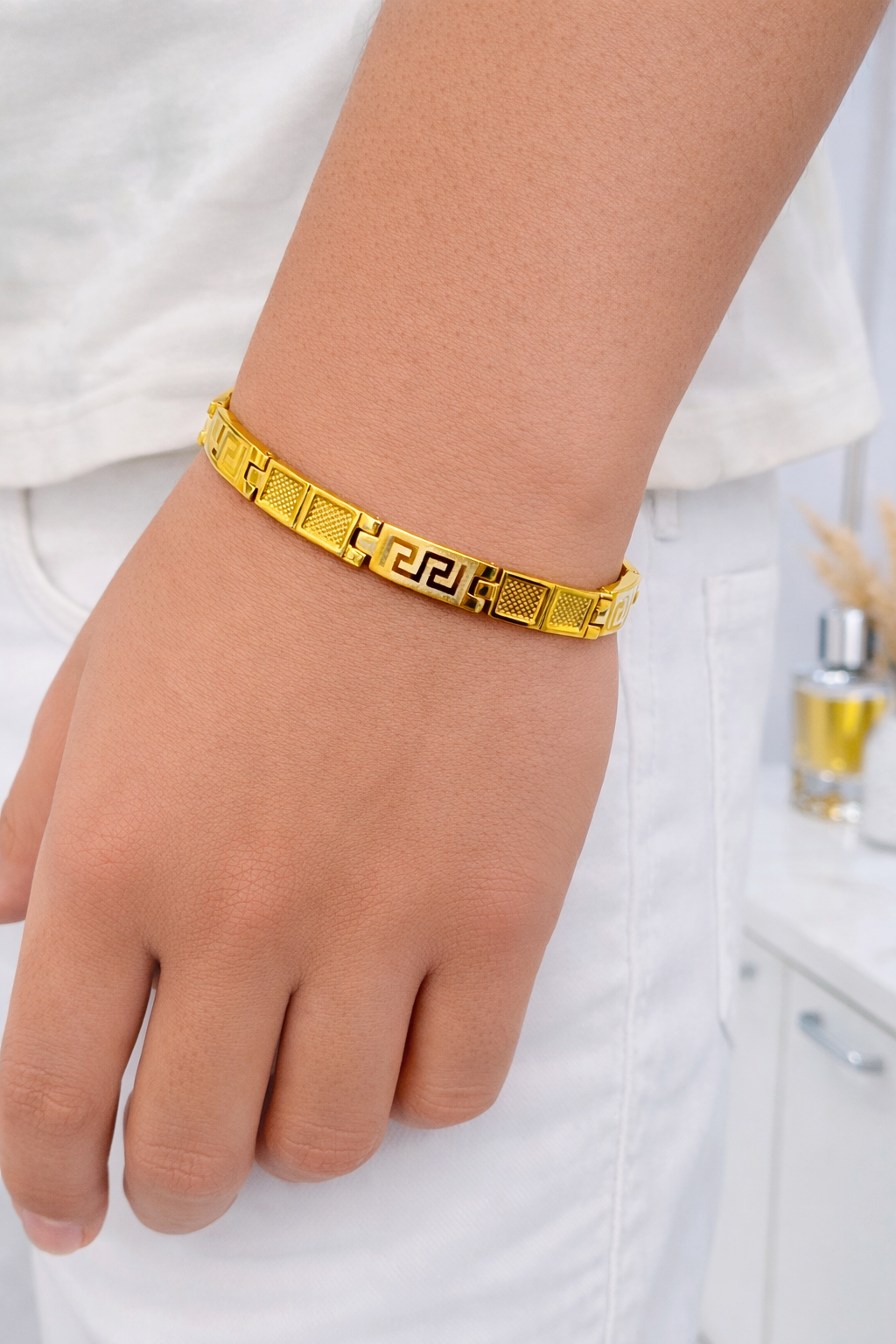 Premium Greek Design Silver Bracelet for Men | Gold Finish Link Bracelet by Silveradda