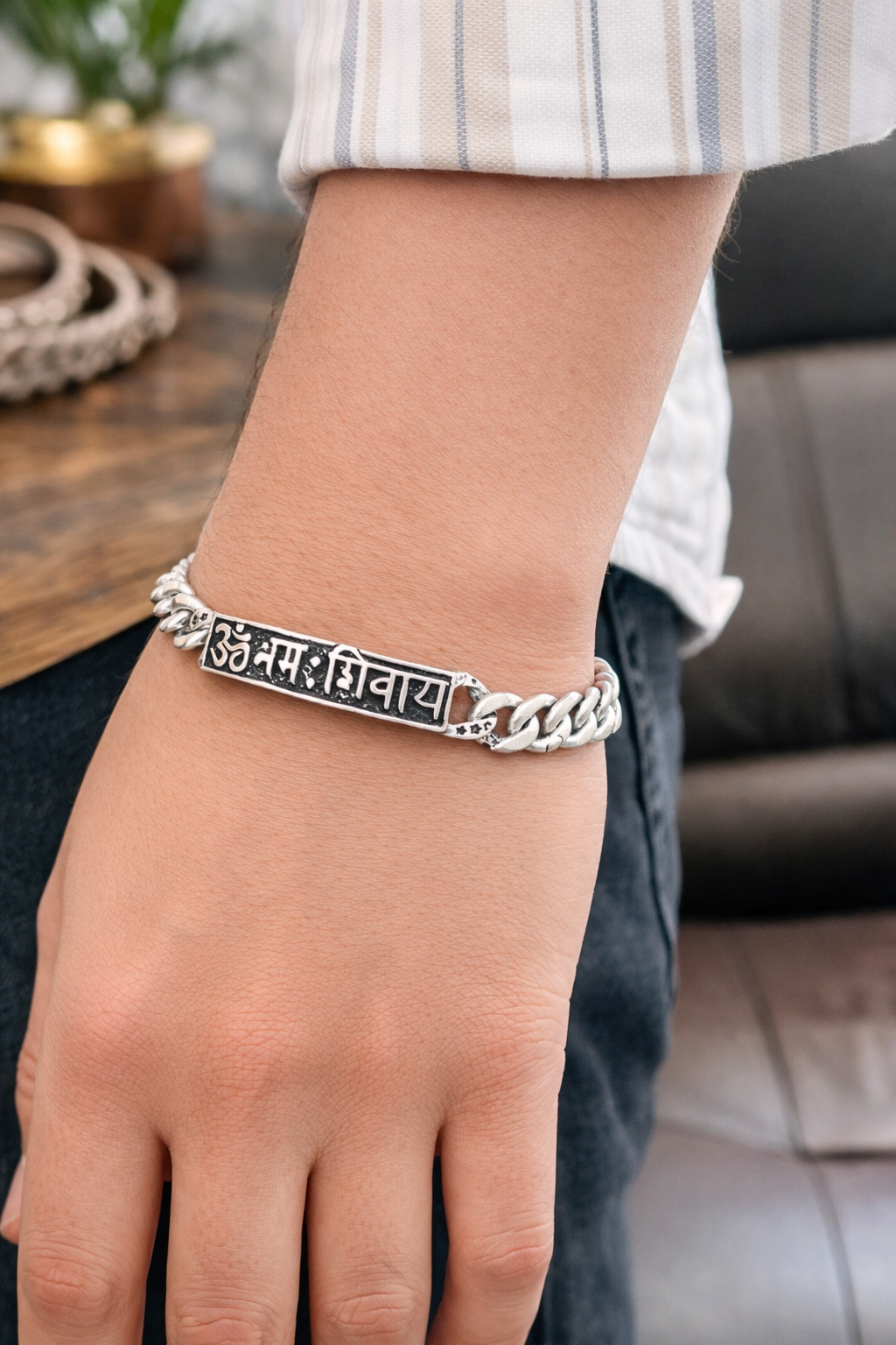 Men’s 925 Silver Om Namah Shivay Chain Bracelet Silveradda