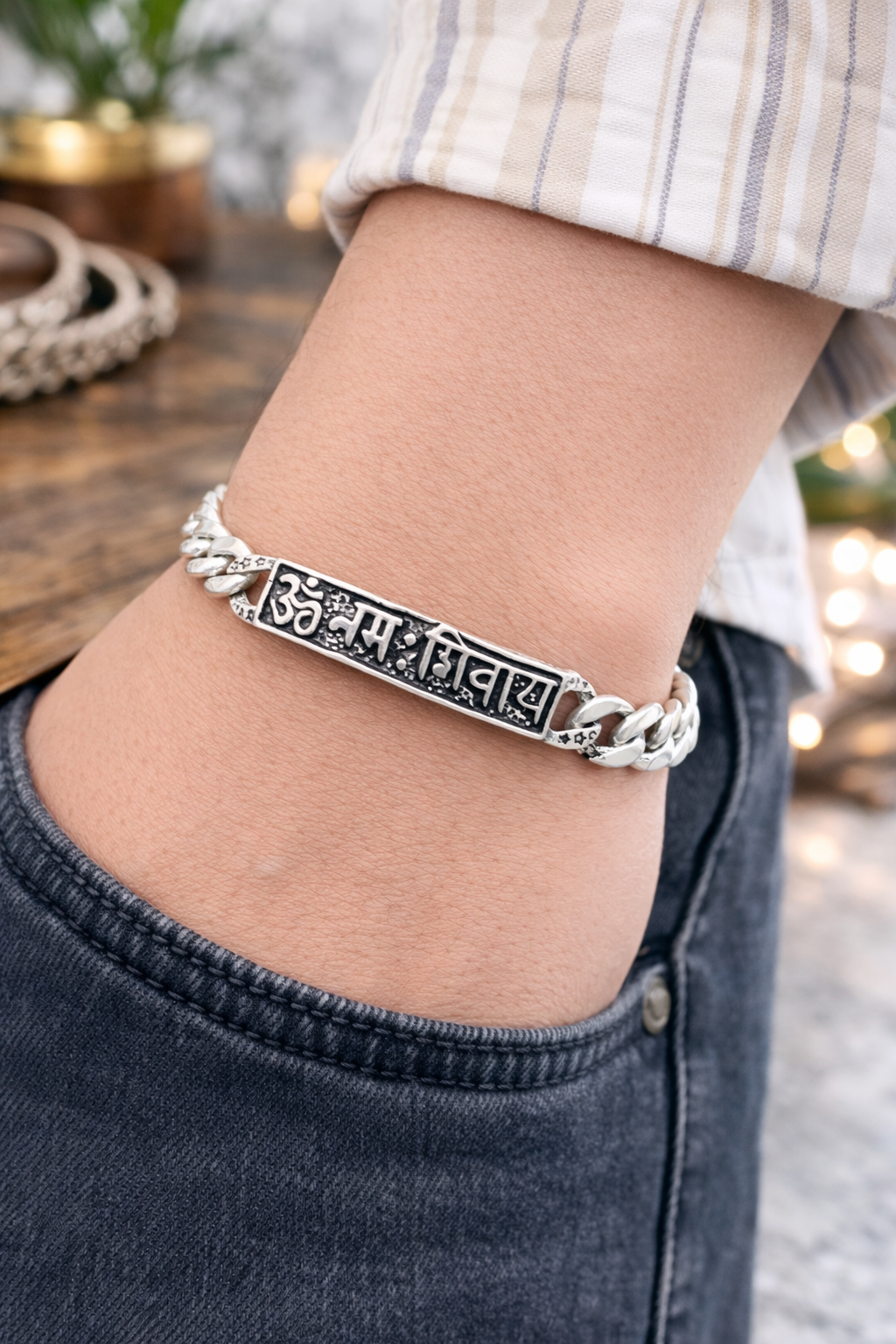 Men’s 925 Silver Om Namah Shivay Chain Bracelet Silveradda