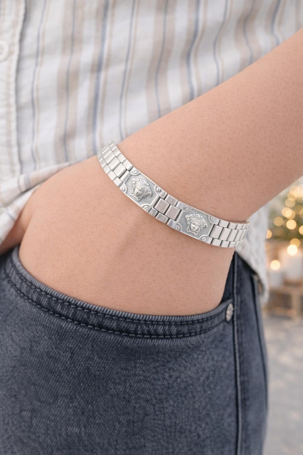 Men’s 925 Sterling Silver Greek Key Medusa Bracelet Silveradda