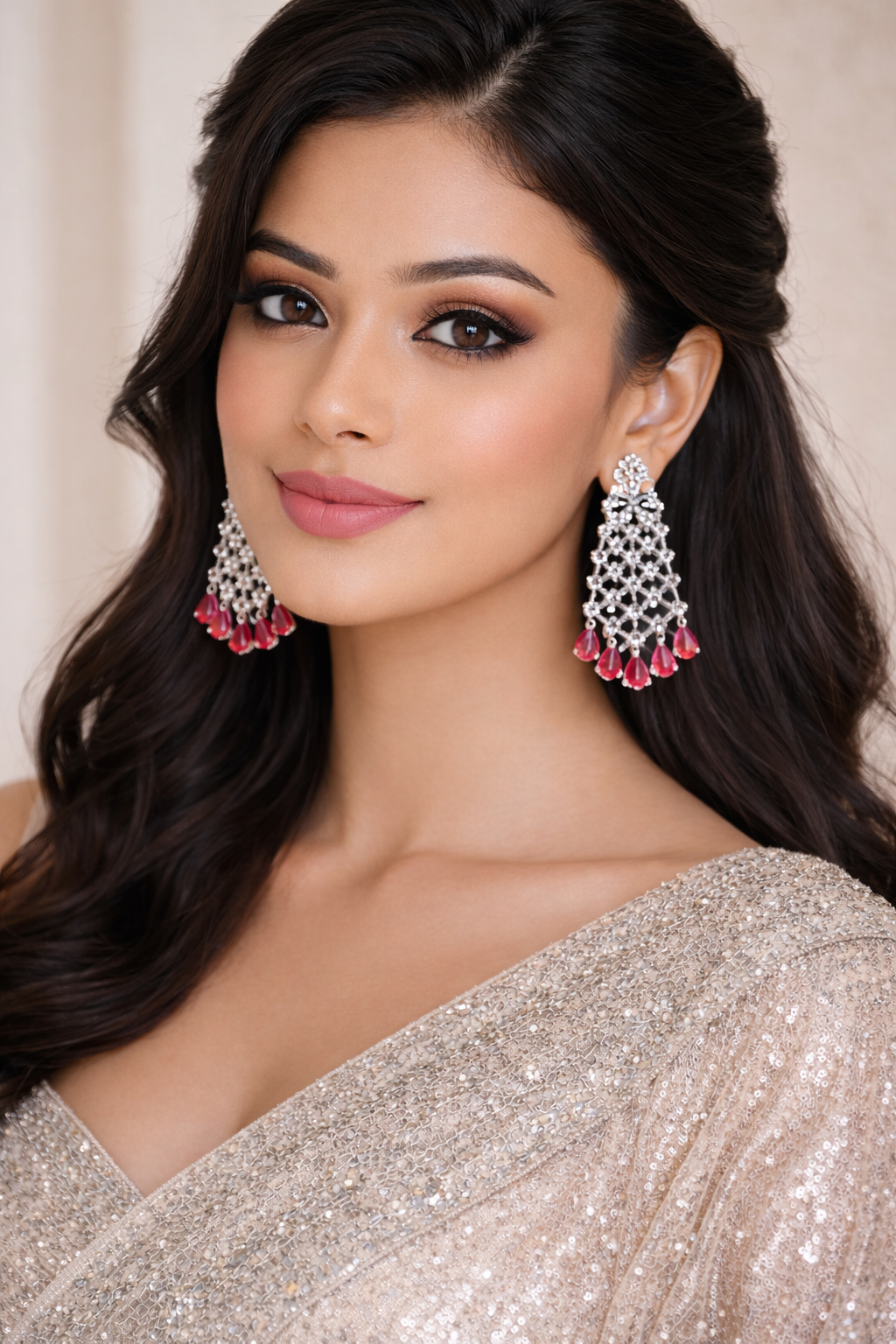 Silver Pink Bridal Necklace Set | Royal Drop Earrings – Silveradda