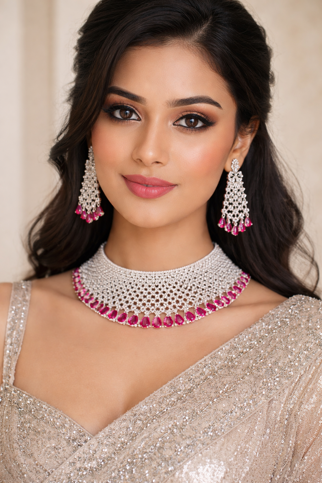 Silver Pink Bridal Necklace Set | Royal Drop Earrings – Silveradda