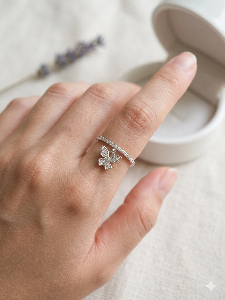 925 Sterling Silver Butterfly Open Ring with CZ | Silveradda