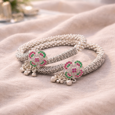 925 Sterling Silver Floral Anklet Kada with Ghungroo – Traditional Payal for Women | Silveradda