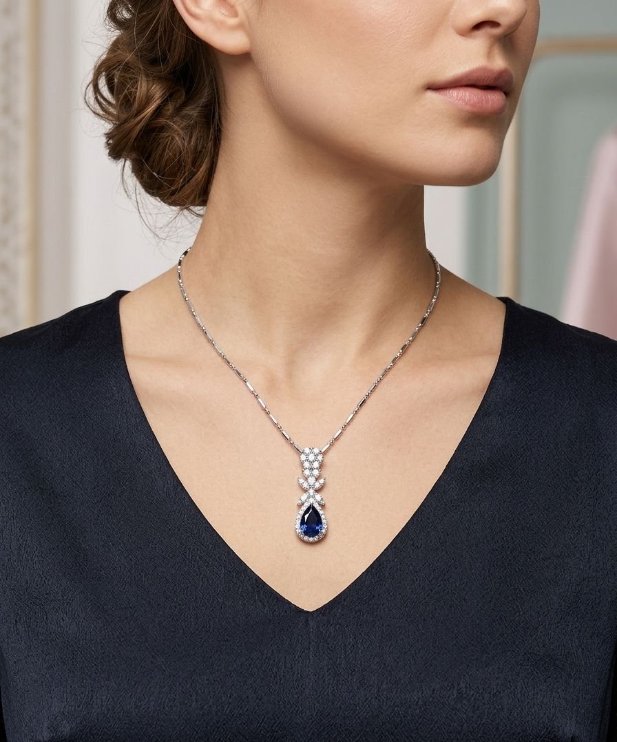 Blue Teardrop Stone Silver Pendant for Women | CZ Halo Jewelry | Silveradda