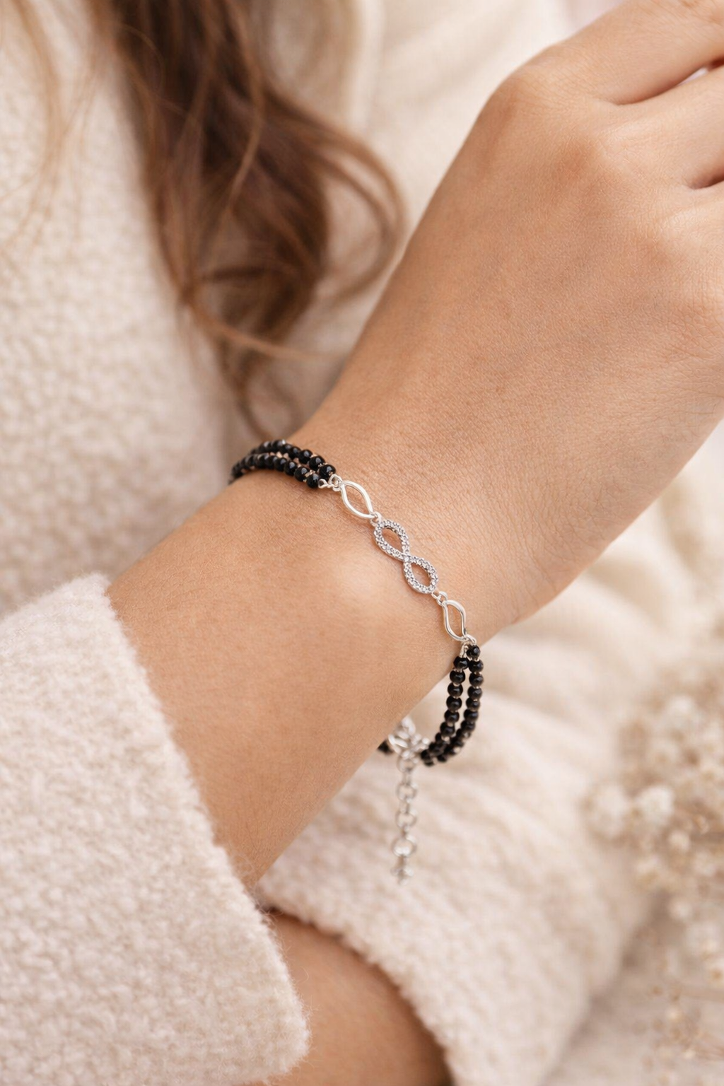 925 Silver Infinity Black Bead Bracelet for Women | Silveradda