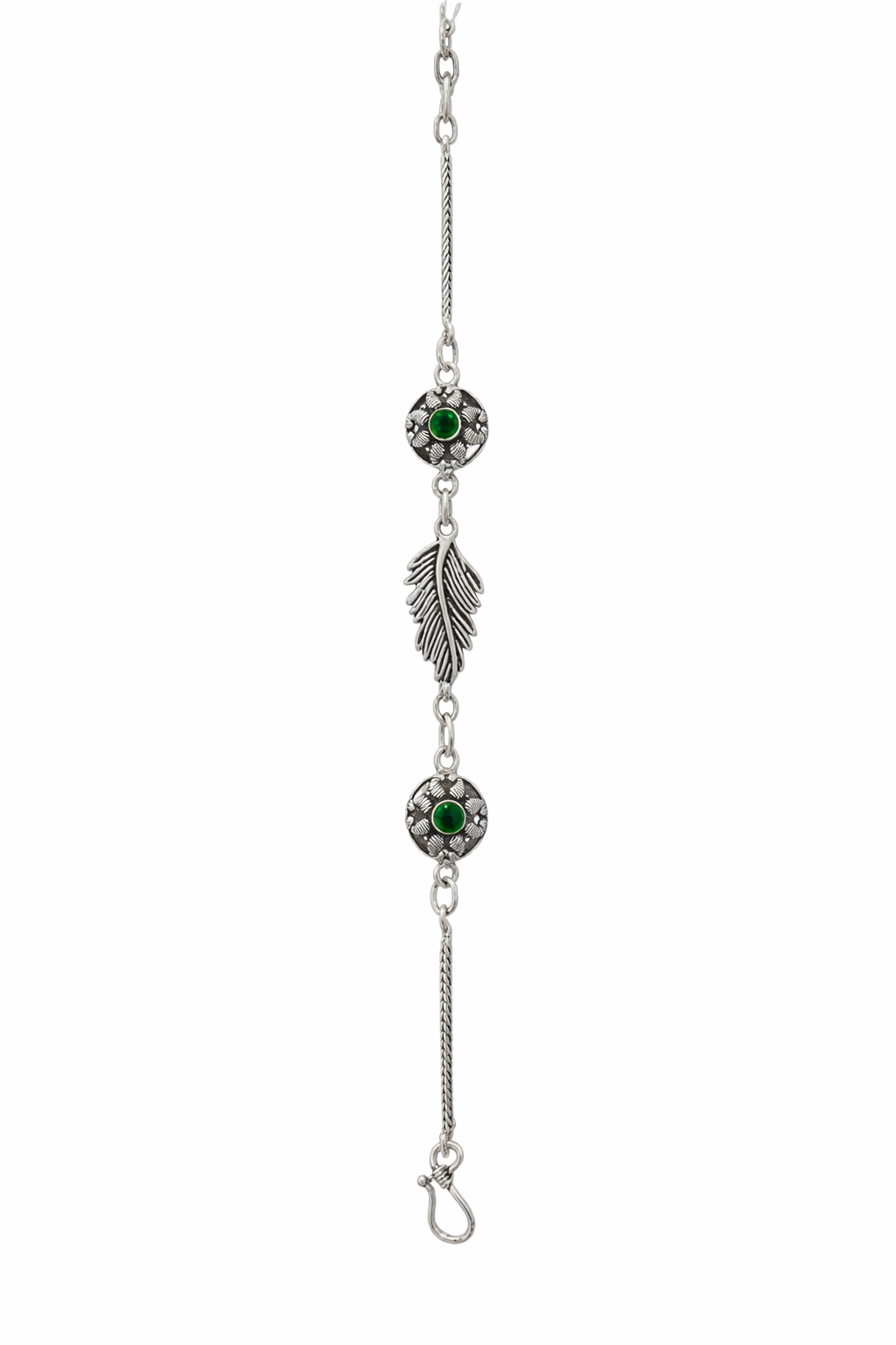 Green Stone Feather Charm 925 Sterling Silver Bracelet | Silveradda