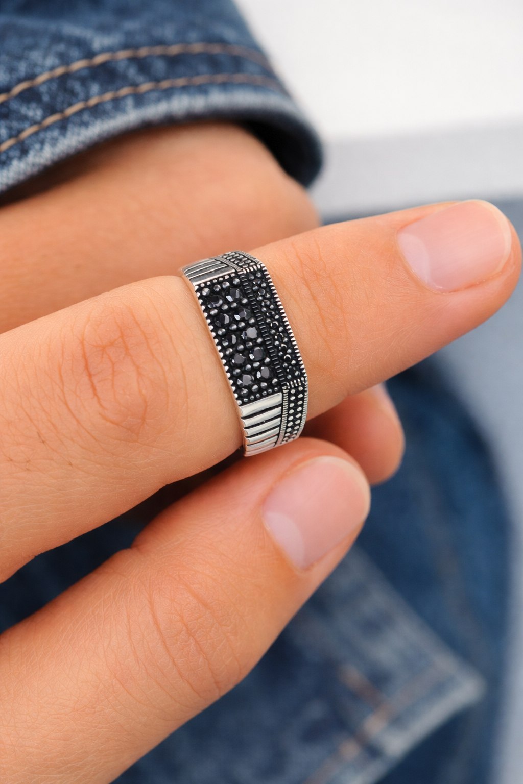 925 Sterling Silver Black Stone Ring for Men – Stylish Bold Rectangle Design | Silveradda