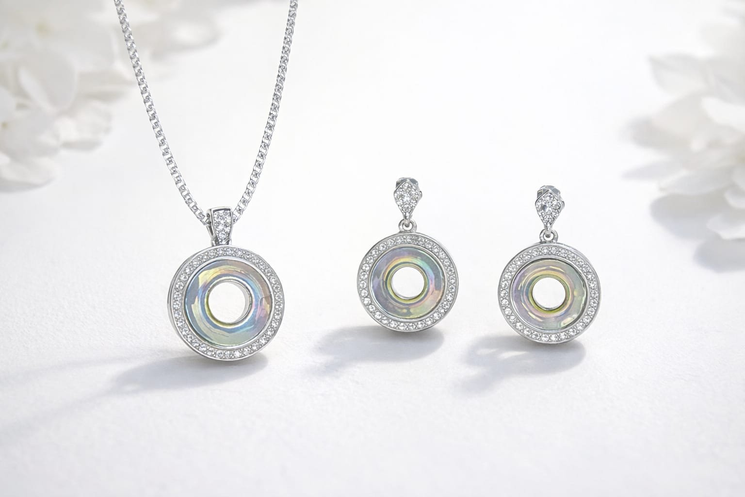 Iridescent Circle Silver Set for Women | 925 Pendant & Earrings | Silveradda