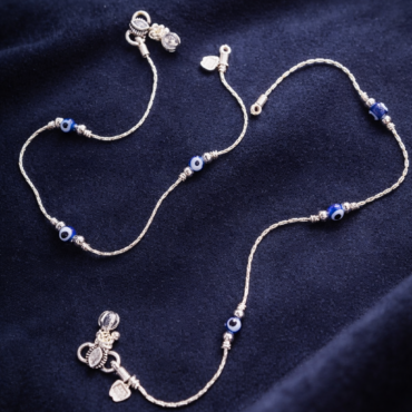 Protective Evil Eye Silver Anklet with Blue Beads for Women