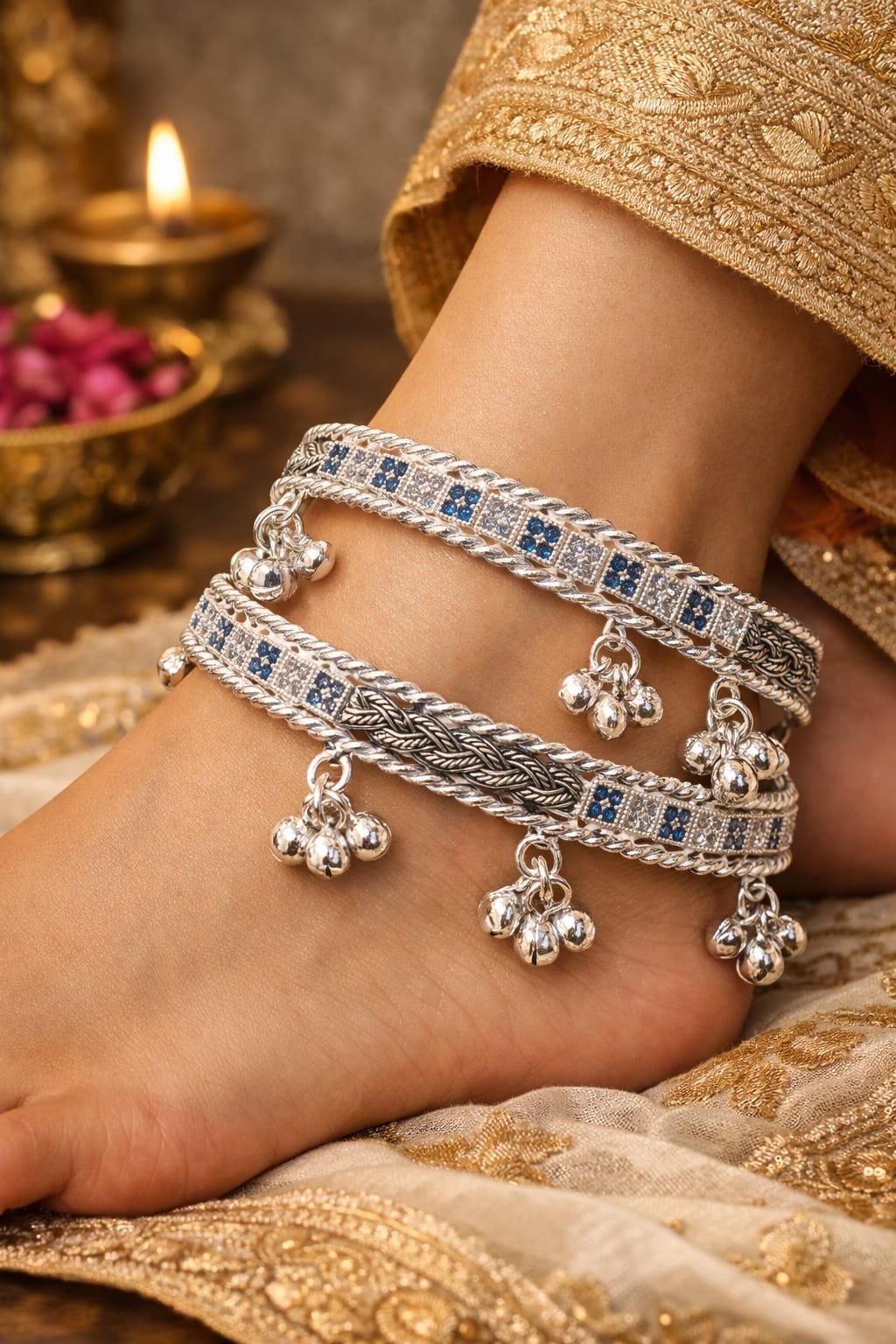 Traditional 925 Silver Blue Stone Payal Anklet with Ghungroo Charms – Silveradda