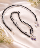 black bead silver anklet with twin heart charm for women