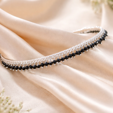 black bead silver anklet with twin heart charm for women