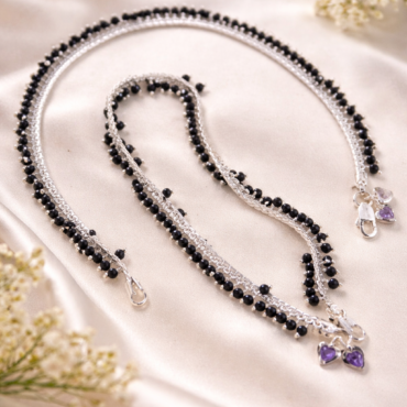 black bead silver anklet with twin heart charm for women