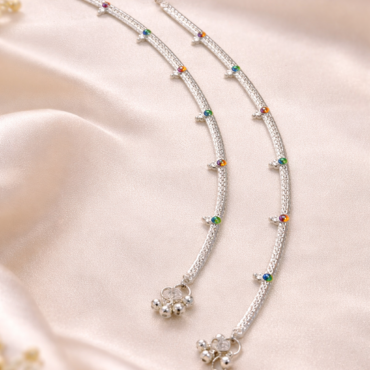 multicolor enamel silver payal with tiny bell charm for women