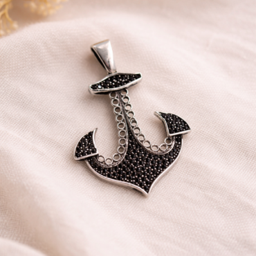 Anchor silver pendant for men with black stones stylish nautical design