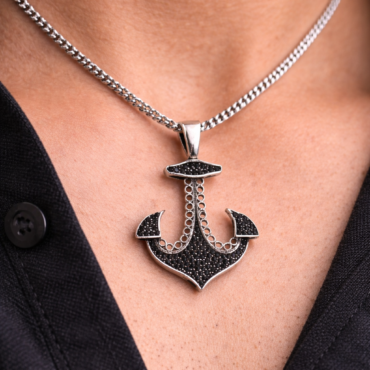 Anchor silver pendant for men with black stones stylish nautical design