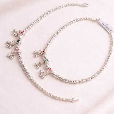 Beaded silver anklet with ghungroo for women traditional design