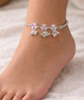 Floral Pink Stone Silver Anklet for Women with ghungroo charms