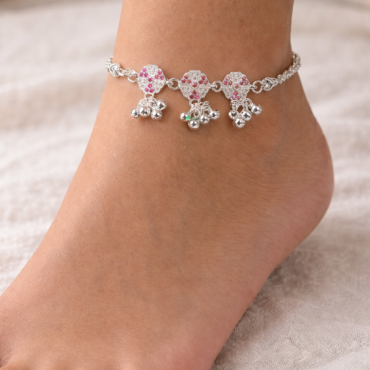 Floral Pink Stone Silver Anklet for Women with ghungroo charms