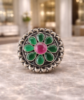 Green Stone Floral Silver Ring with Pink Center Ring for Women | Silveradda