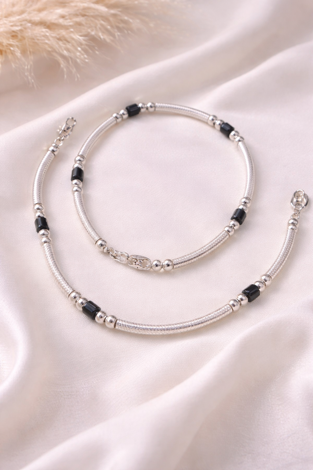 black bead silver anklet