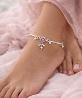 Floral pink silver anklet with ghungroo charm for women