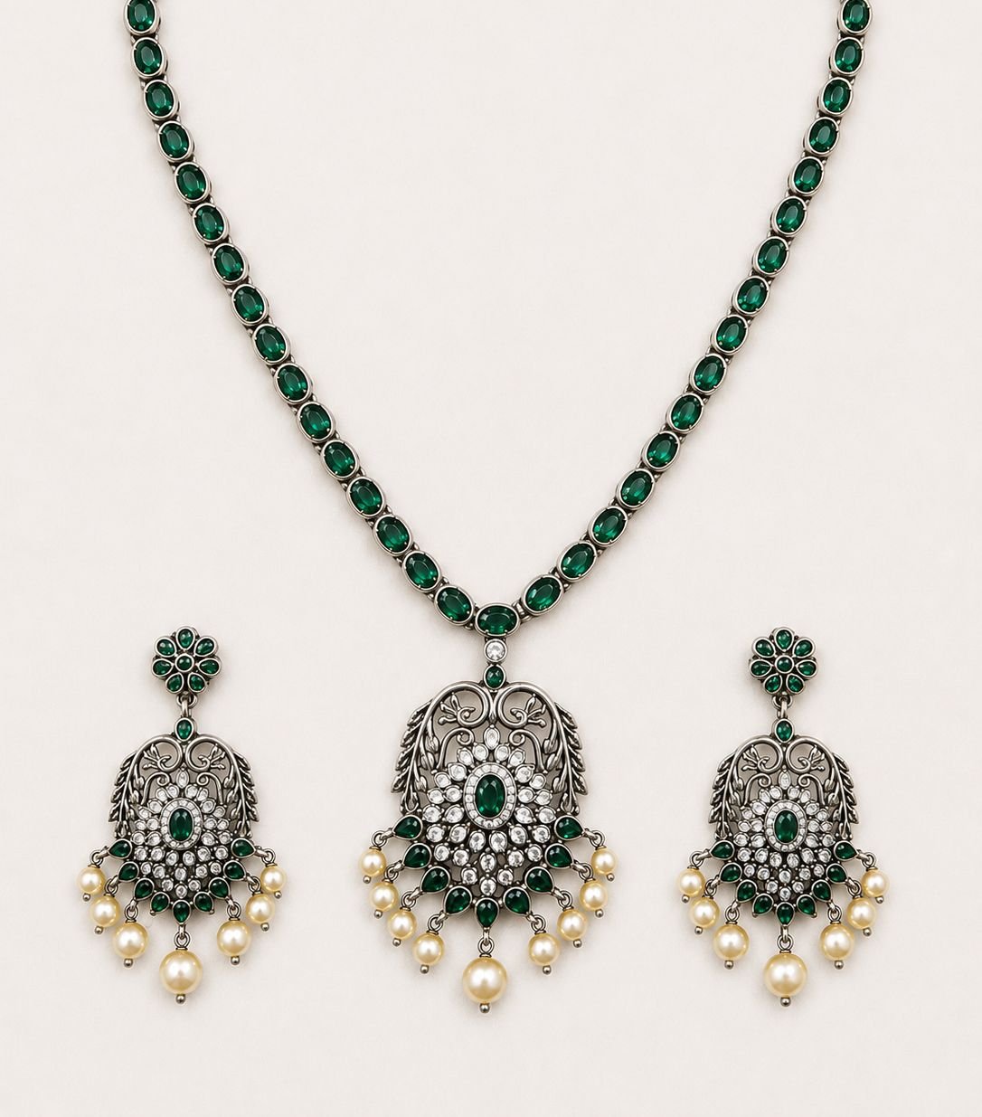 Green Stone Pearl Drop Necklace Set for Women | Silveradda