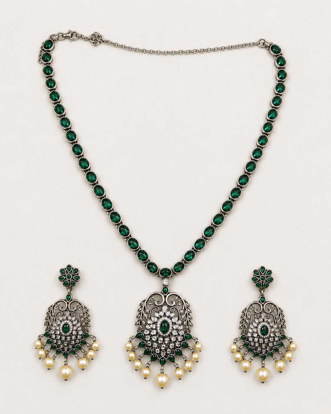 Green Stone Pearl Drop Necklace Set for Women | Silveradda
